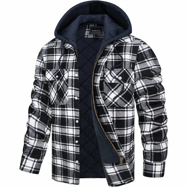 Men’s Bomber Jacket – Quilted Lining – Plaid Pattern – Hooded – Casual Fit Zip Front Black White