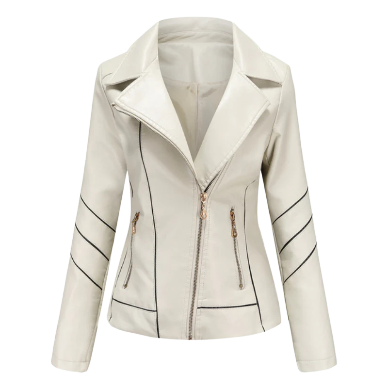 Women's Slim Fit PU Leather Biker Jacket - MotoEdge Beige