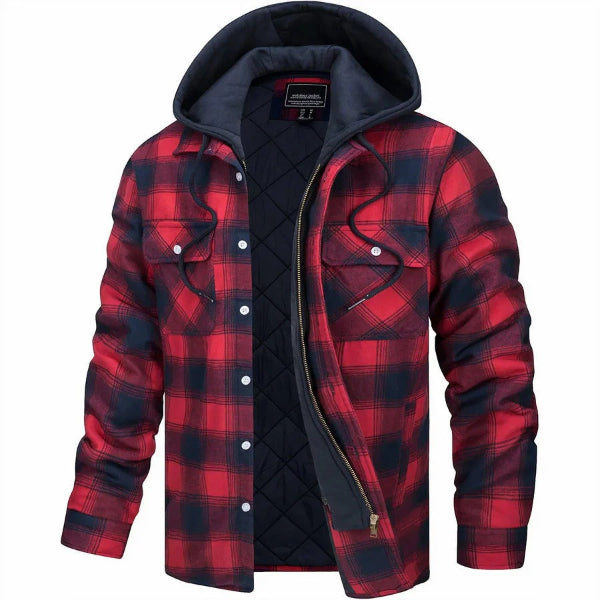 Men’s Bomber Jacket – Quilted Lining – Plaid Pattern – Hooded – Casual Fit Zip Front Red