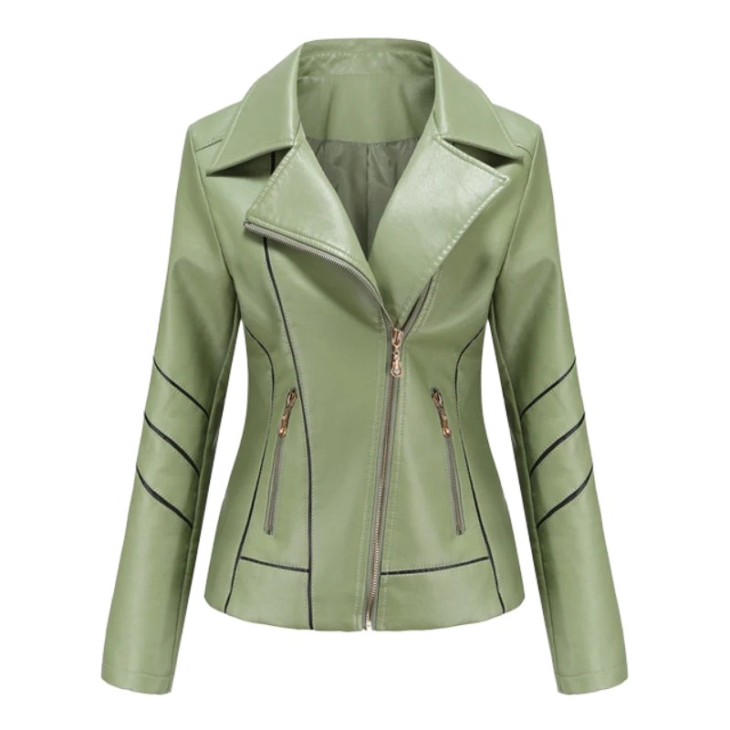 Women's Slim Fit PU Leather Biker Jacket - MotoEdge Green