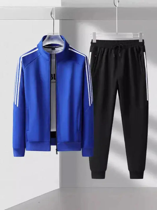 Men’s Tracksuit Set – Regular Fit – High Collar Jacket – Tapered Jogger – Striped Trim Blue