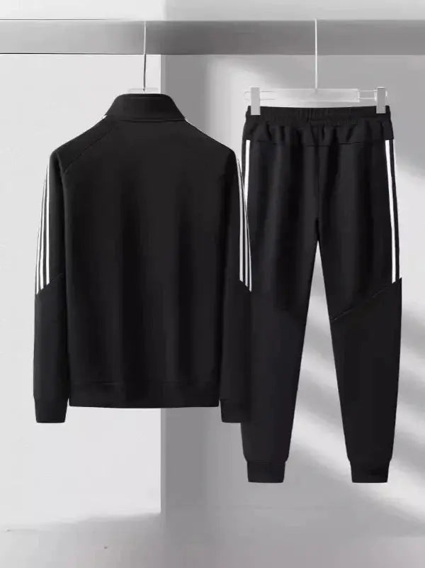 Men’s Tracksuit Set – Regular Fit – High Collar Jacket – Tapered Jogger – Striped Trim Black