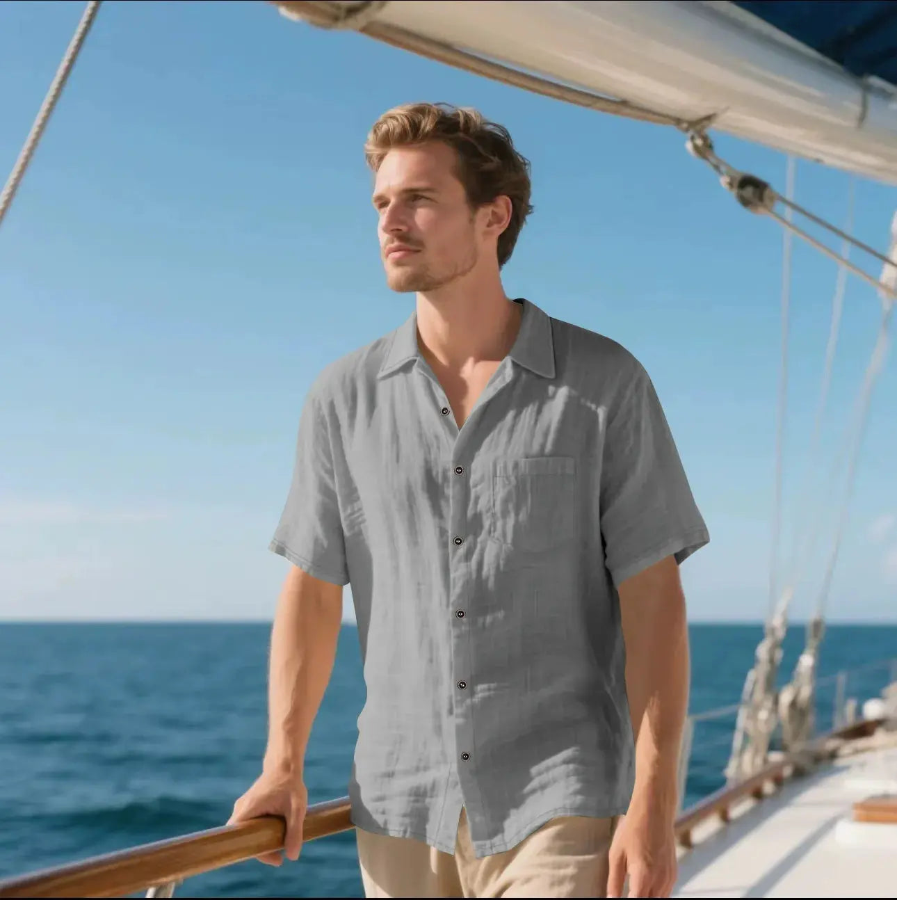 Men's Linen Shirt Relaxed Fit - Breezy Short Sleeve - CoastalCool Grey