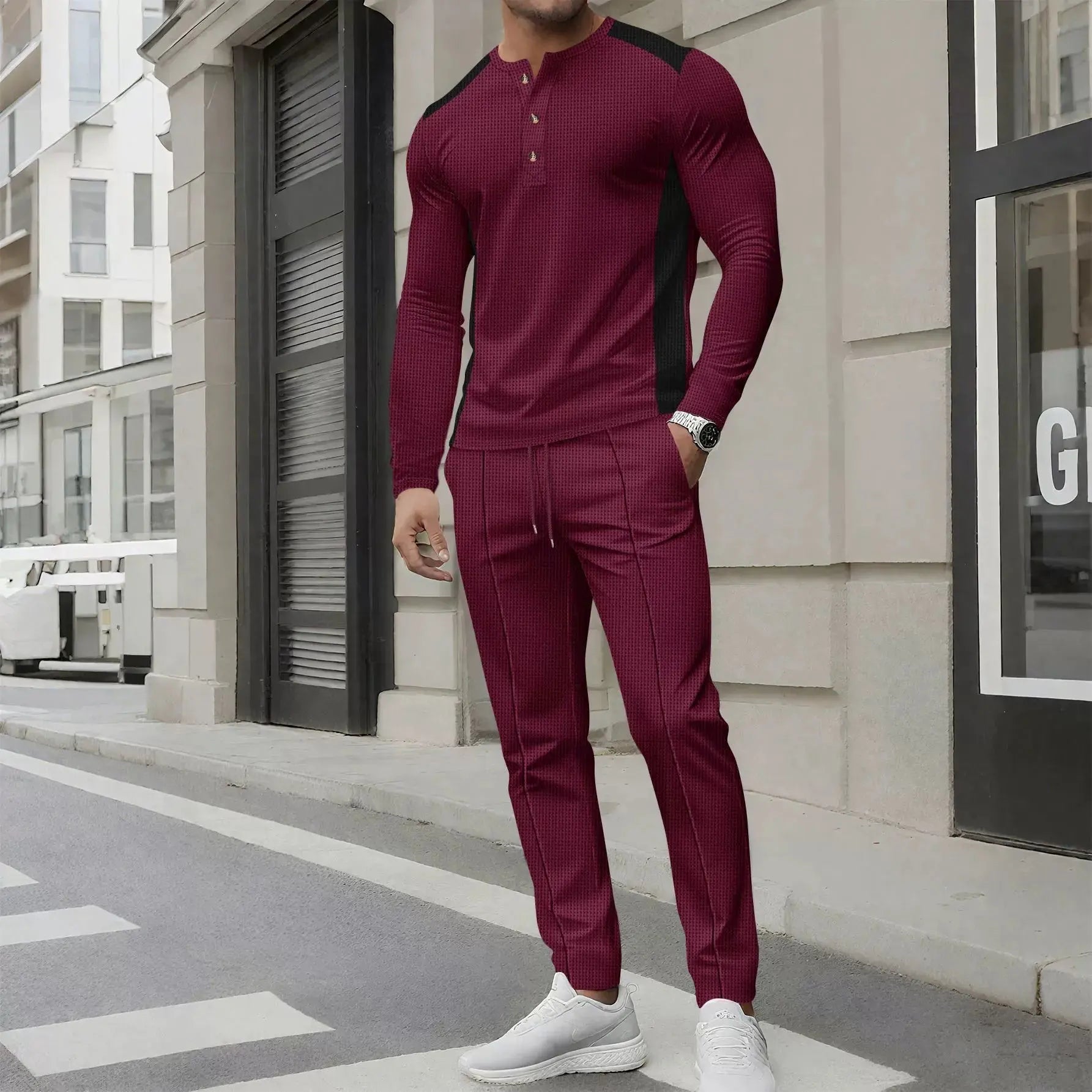 Men’s Two-Piece Set – Slim Fit Henley Shirt and Pants – Waffle Knit – Long Sleeve Claret