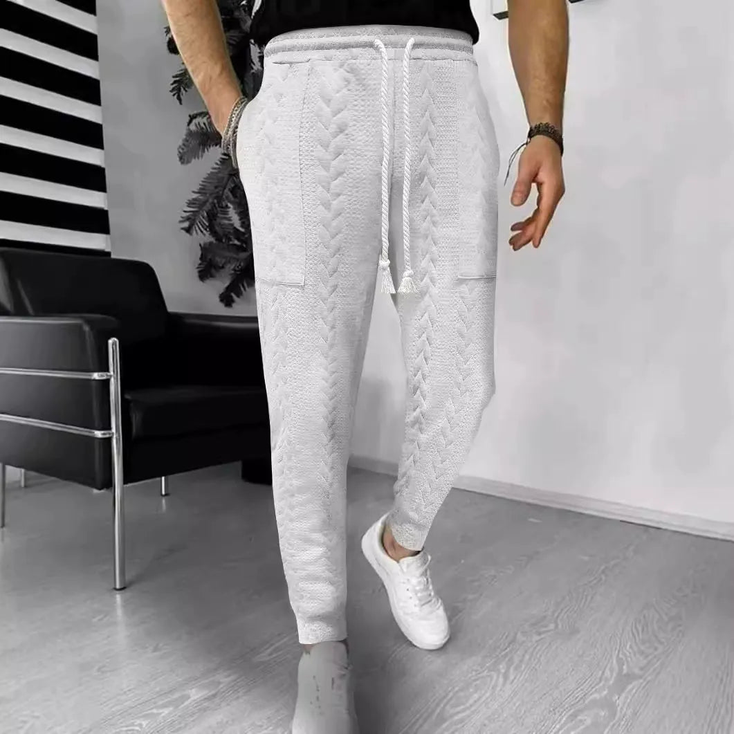 Men’s Jogger Pants – Jacquard Texture – Tapered Fit – Drawstring Waist – Cuffed Ankles White