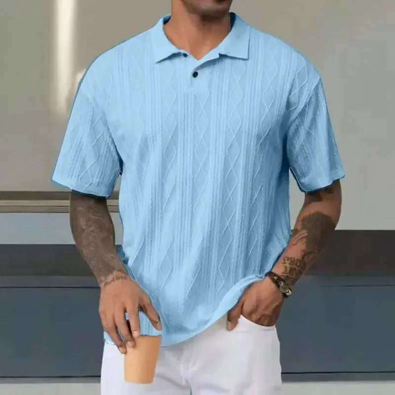 Men's Textured Knit Polo Shirt - Relaxed Cotton Blend - DiamondKnit Sky Blue
