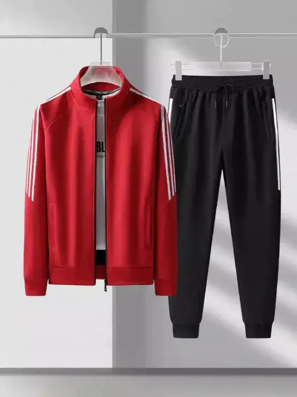 Men’s Tracksuit Set – Regular Fit – High Collar Jacket – Tapered Jogger – Striped Trim Red
