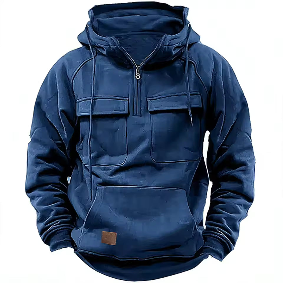 Men’s Hooded Jacket – Relaxed Fit – Leather – Flap Pockets – Zip Front Dark Blue
