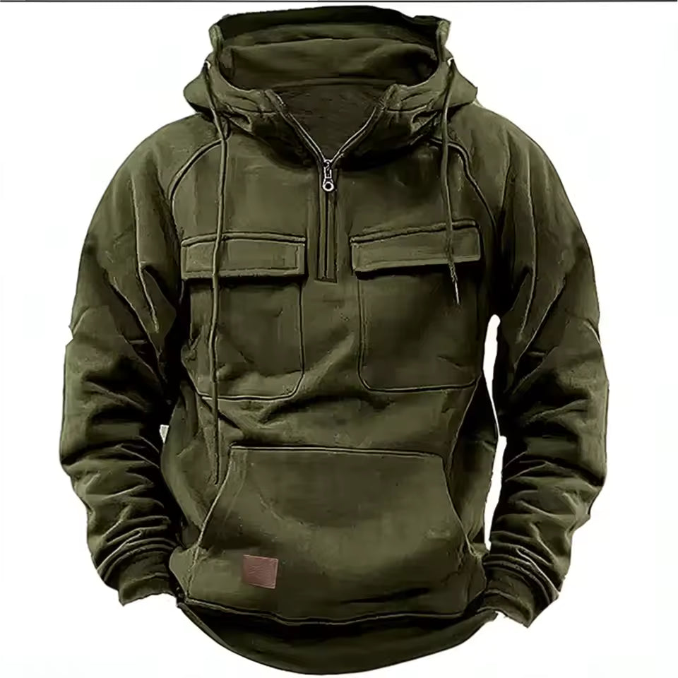 Men’s Hooded Jacket – Relaxed Fit – Leather – Flap Pockets – Zip Front Green