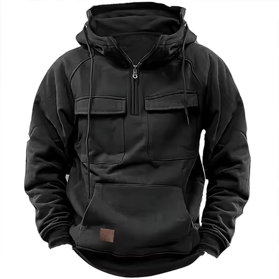 Men’s Hooded Jacket – Relaxed Fit – Leather – Flap Pockets – Zip Front Black