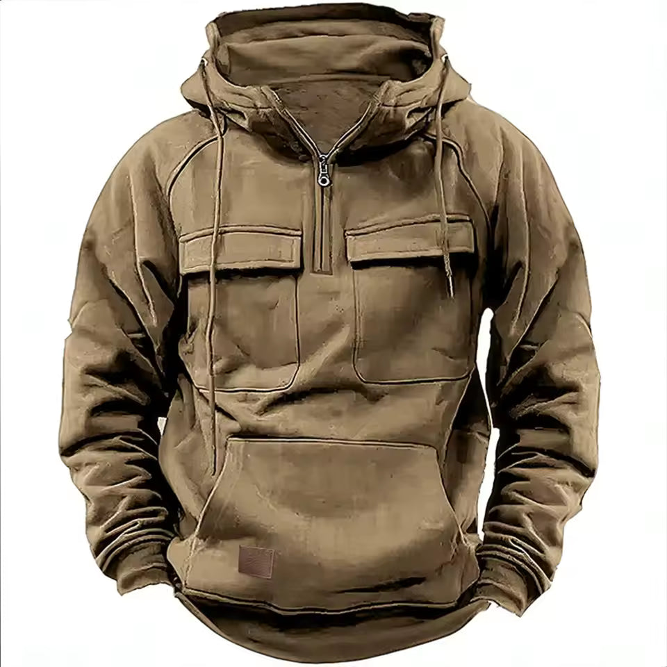 Men’s Hooded Jacket – Relaxed Fit – Leather – Flap Pockets – Zip Front Khaki