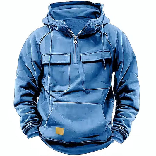 Men’s Hooded Jacket – Relaxed Fit – Leather – Flap Pockets – Zip Front Light Blue
