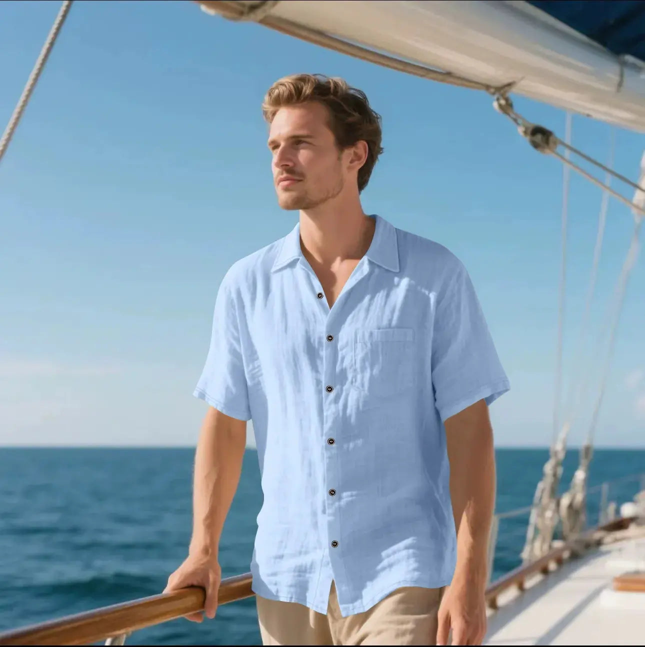 Men's Linen Shirt Relaxed Fit - Breezy Short Sleeve - CoastalCool Light Blue
