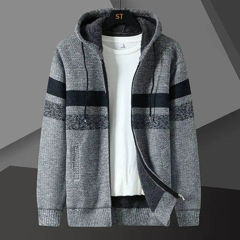 Men’s Hooded Cardigan Sweater – Relaxed Fit – Knit Texture – Zip Front – Side Pockets Light Grey