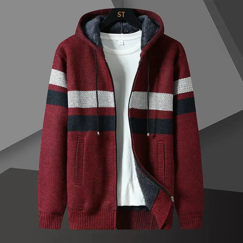 Men’s Hooded Cardigan Sweater – Relaxed Fit – Knit Texture – Zip Front – Side Pockets Maroon