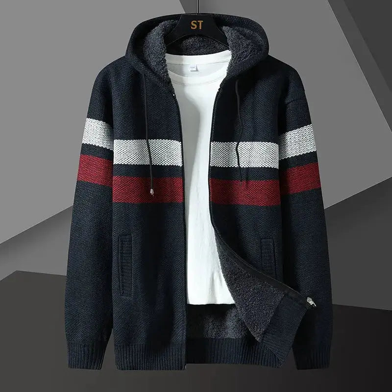 Men’s Hooded Cardigan Sweater – Relaxed Fit – Knit Texture – Zip Front – Side Pockets Navy Blue