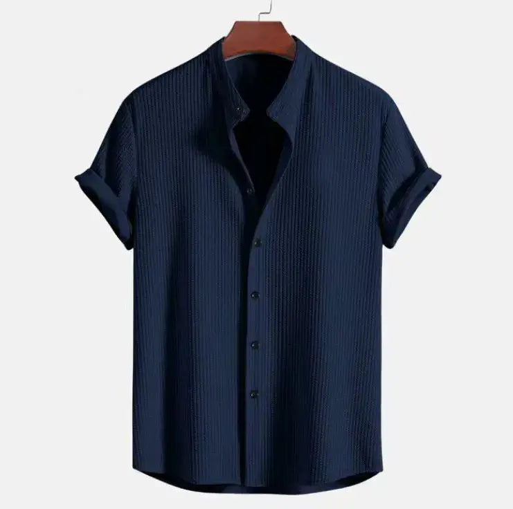 Men's Cotton Jacquard Shirt Band Collar - UrbanCool Navy