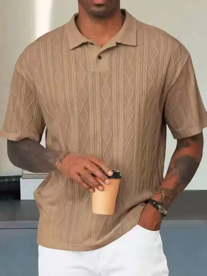 Men's Textured Knit Polo Shirt - Relaxed Cotton Blend - DiamondKnit Brown