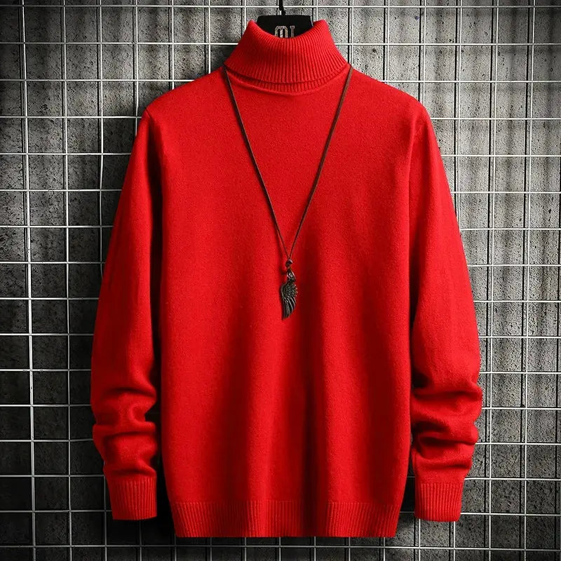 Men’s Turtleneck Sweater – Slim Fit – Fine Knit Wool – Ribbed Hem and Cuffs Red