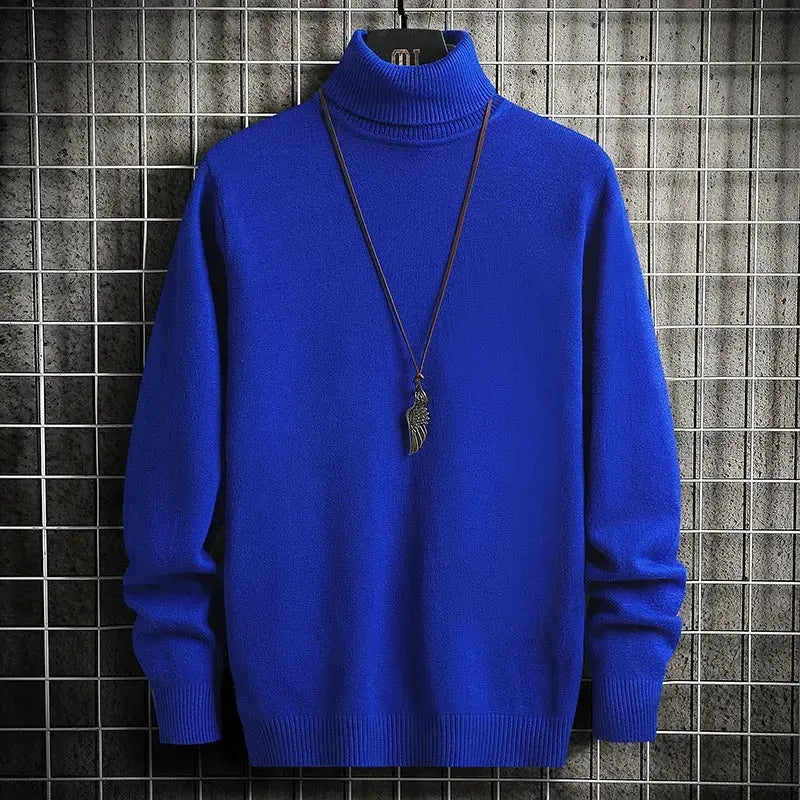 Men’s Turtleneck Sweater – Slim Fit – Fine Knit Wool – Ribbed Hem and Cuffs Blue
