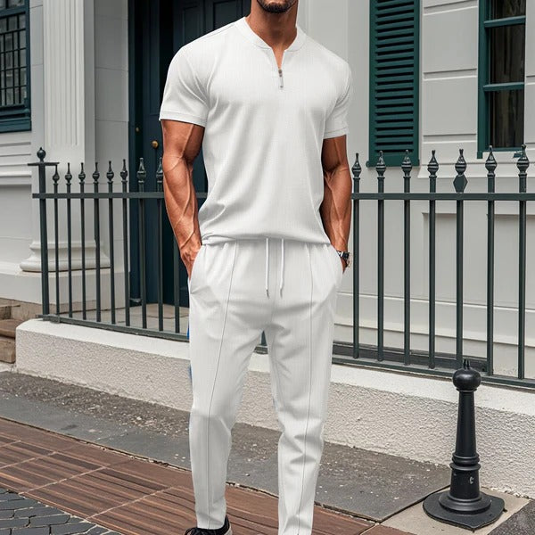 Men’s Fitness Set – Slim Fit – Stretch Fabric – Zipped Top and Joggers White