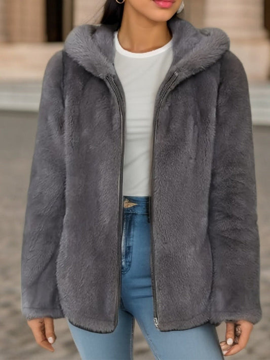 Women's Faux Fur Hooded Sherpa Jacket - CozyChic Grey