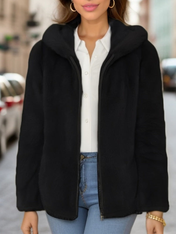 Women's Faux Fur Hooded Sherpa Jacket - CozyChic Black