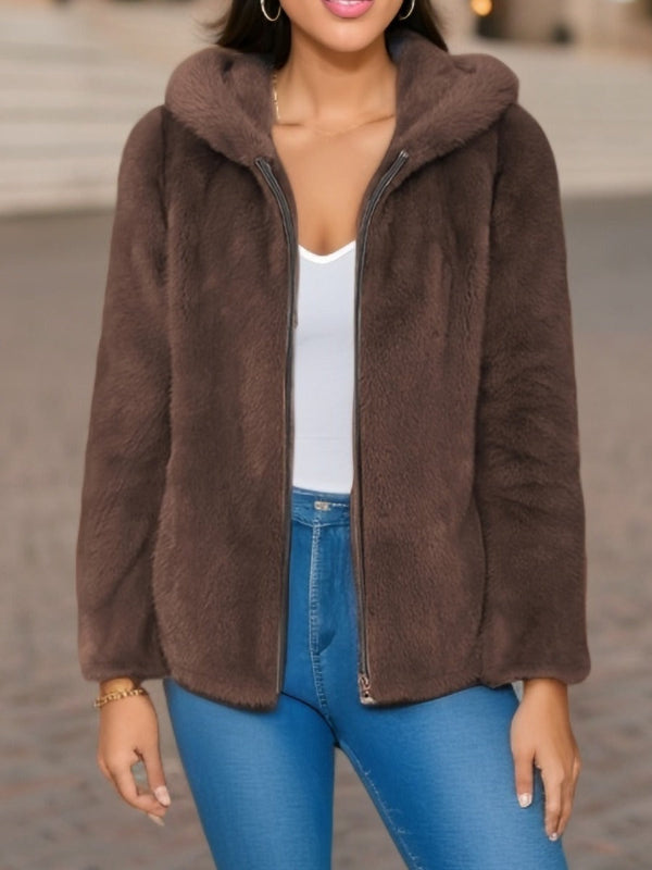 Women's Faux Fur Hooded Sherpa Jacket - CozyChic Brown