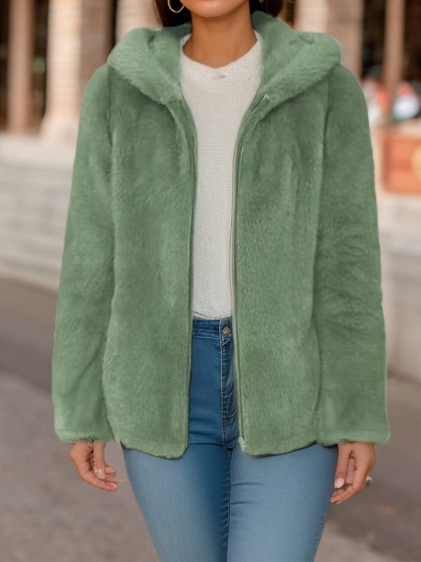 Women's Faux Fur Hooded Sherpa Jacket - CozyChic Green
