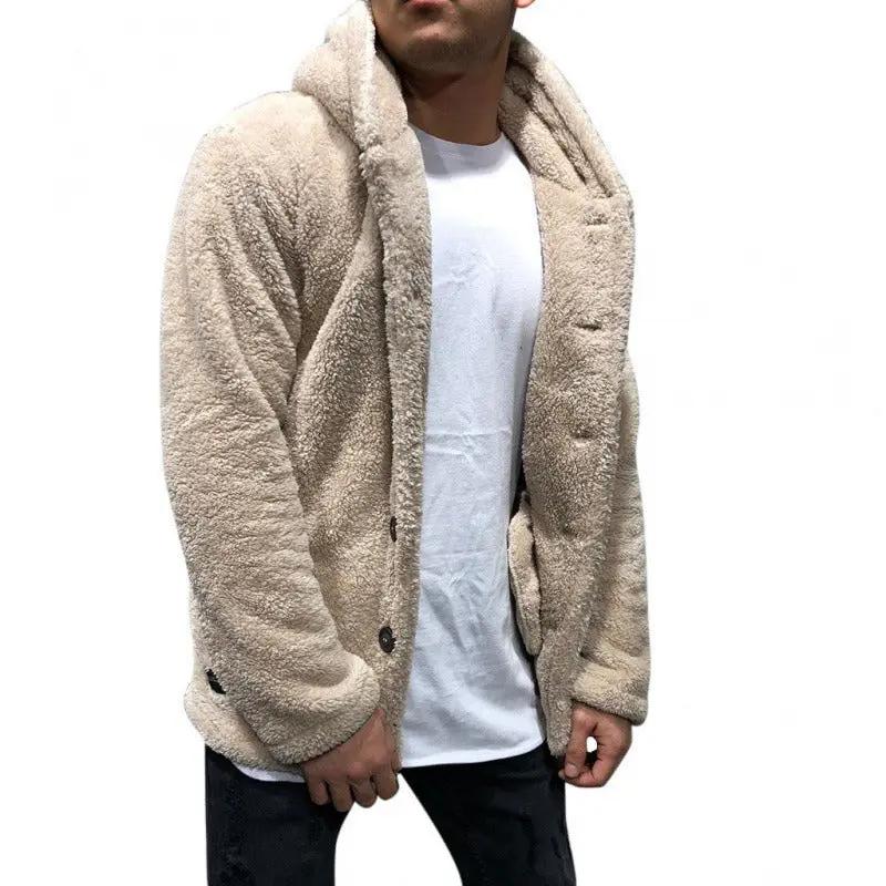 Men’s Hooded Jacket – Fleece Texture – Relaxed Fit – Button Front Casual Outerwear Apricot