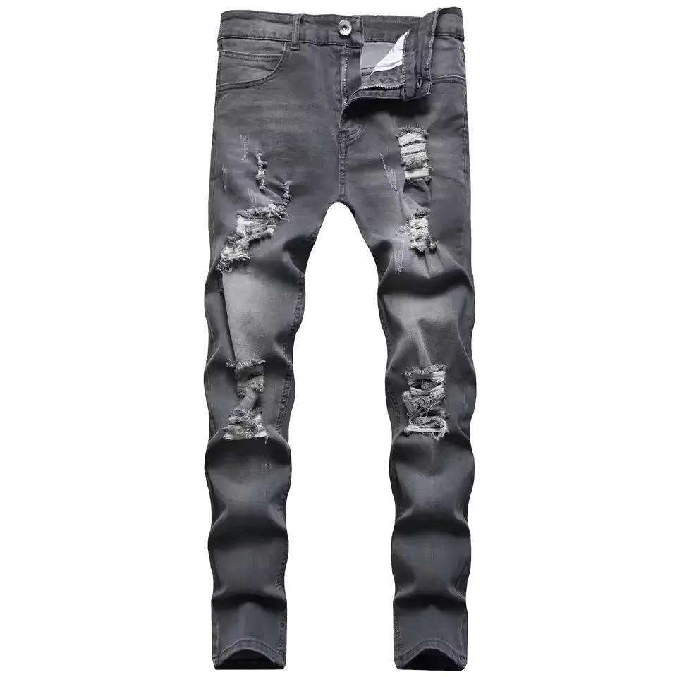 Men’s Slim Fit Jeans – Distressed Denim – Ankle Length – Zipper Fly Casual Style Grey