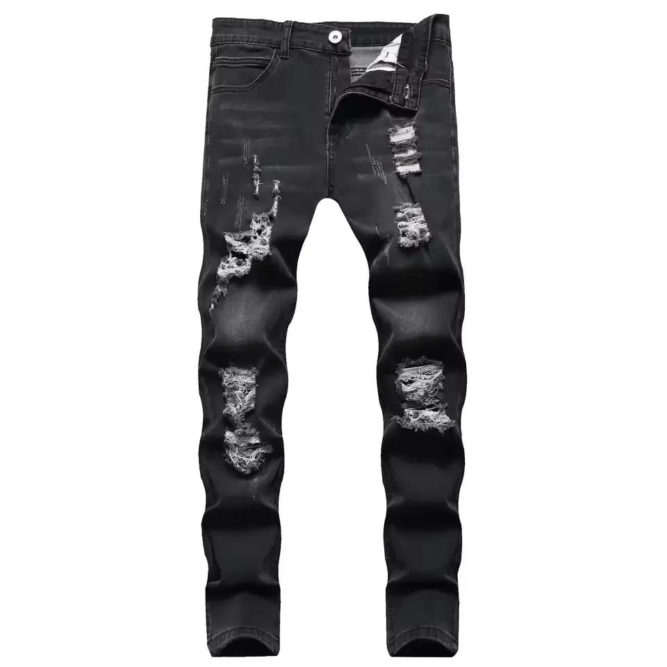 Men’s Slim Fit Jeans – Distressed Denim – Ankle Length – Zipper Fly Casual Style Black