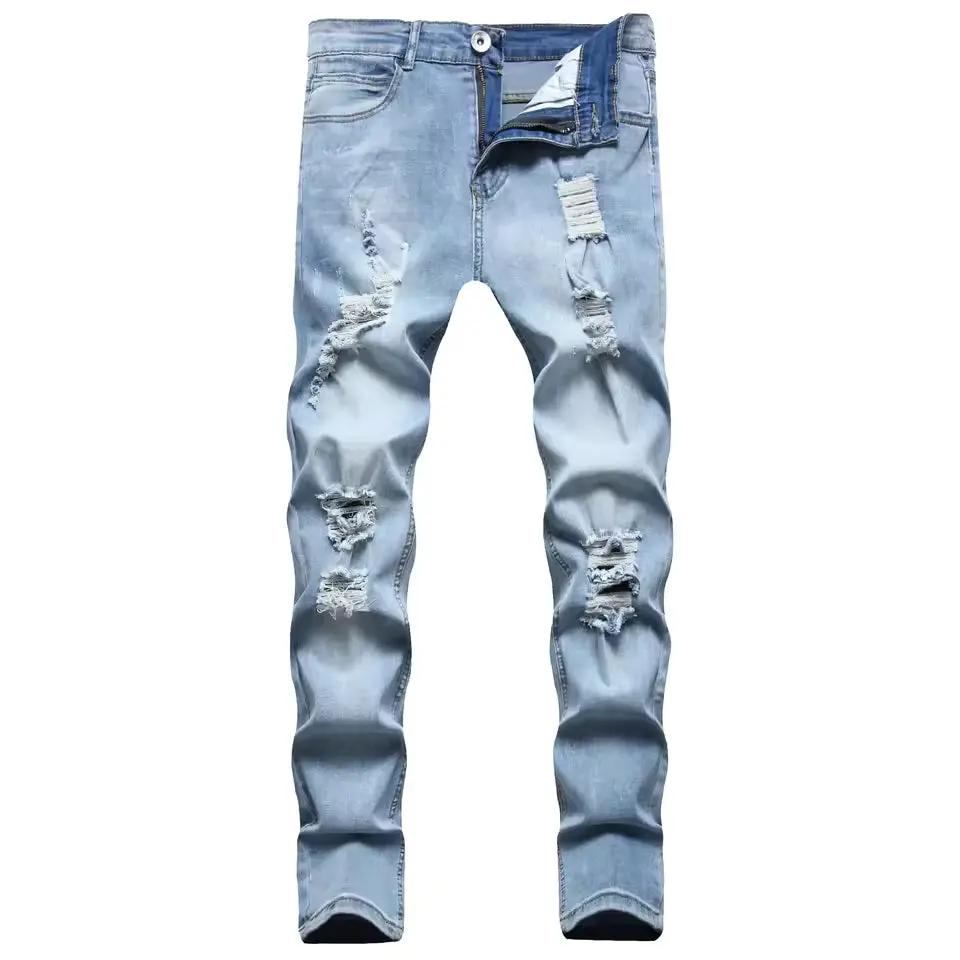 Men’s Slim Fit Jeans – Distressed Denim – Ankle Length – Zipper Fly Casual Style Sky Blue