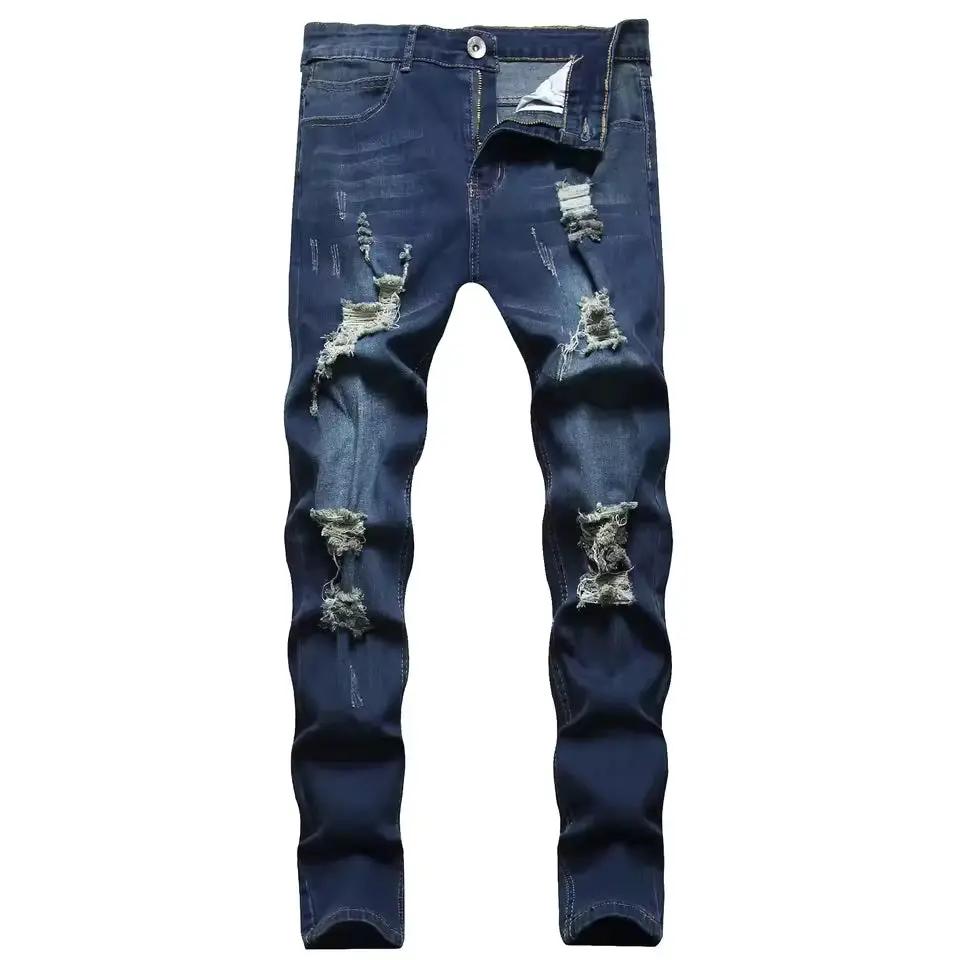 Men’s Slim Fit Jeans – Distressed Denim – Ankle Length – Zipper Fly Casual Style Dark Blue