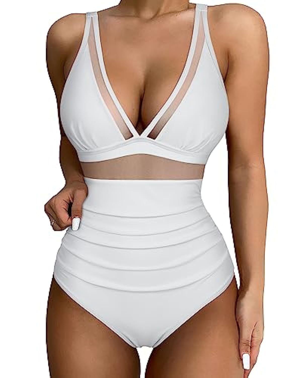 Women's Mesh Panel One-Piece Swimsuit - Flattering High-Cut - SeaSculpt White