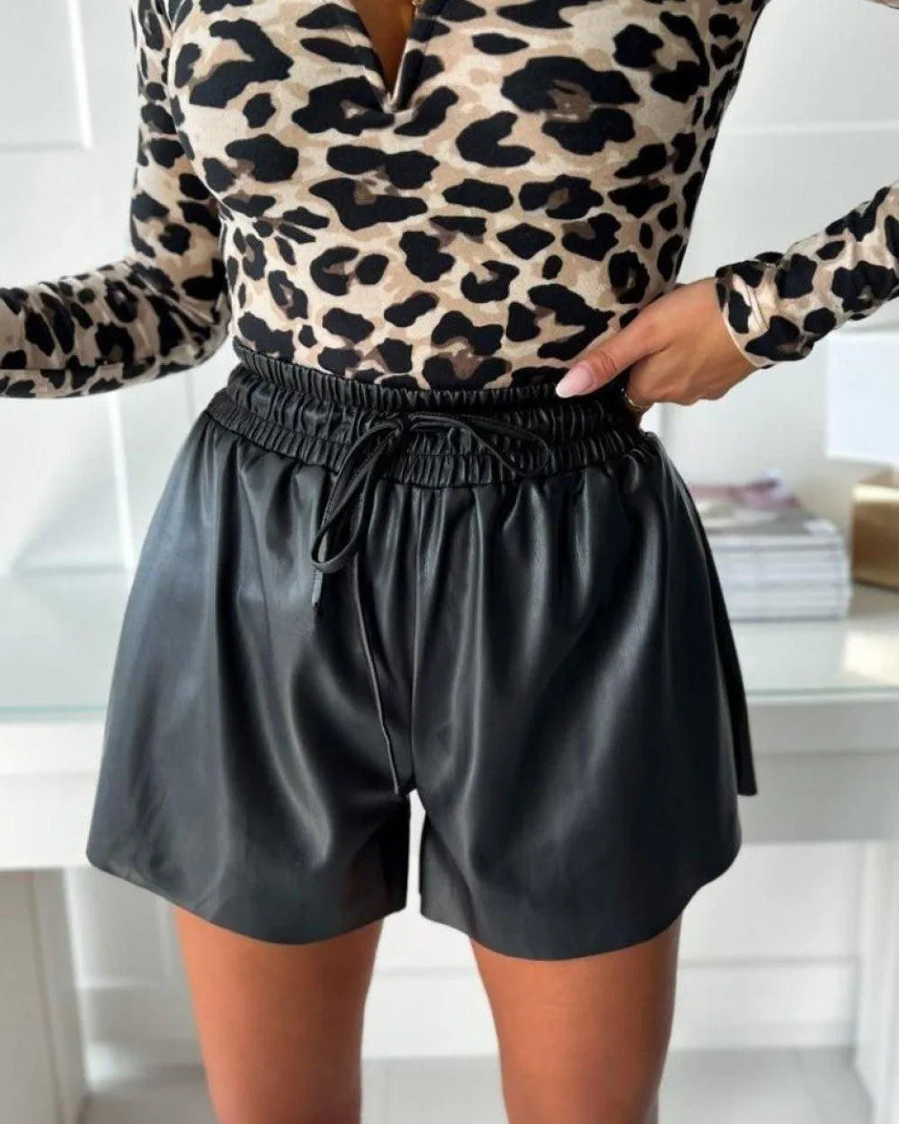 Women's Faux Leather High Waist Shorts - Effortless Chic - LuxeLeathers Black