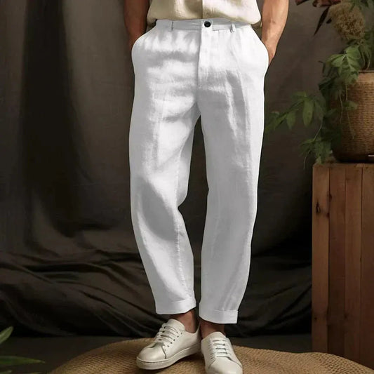 Men’s Straight-Leg Trousers – Relaxed Fit – Linen – Full Length White