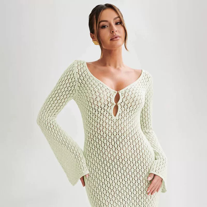 Women's Crochet Knit Maxi Dress - Breezy V-Neck, Beach Bella Light green