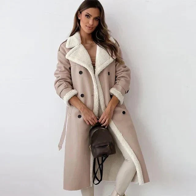 Women's Shearling Leather Long Coat - Double-Breasted Elegance - Winterfell Beige
