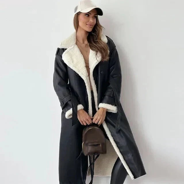 Women's Shearling Leather Long Coat - Double-Breasted Elegance - Winterfell Black