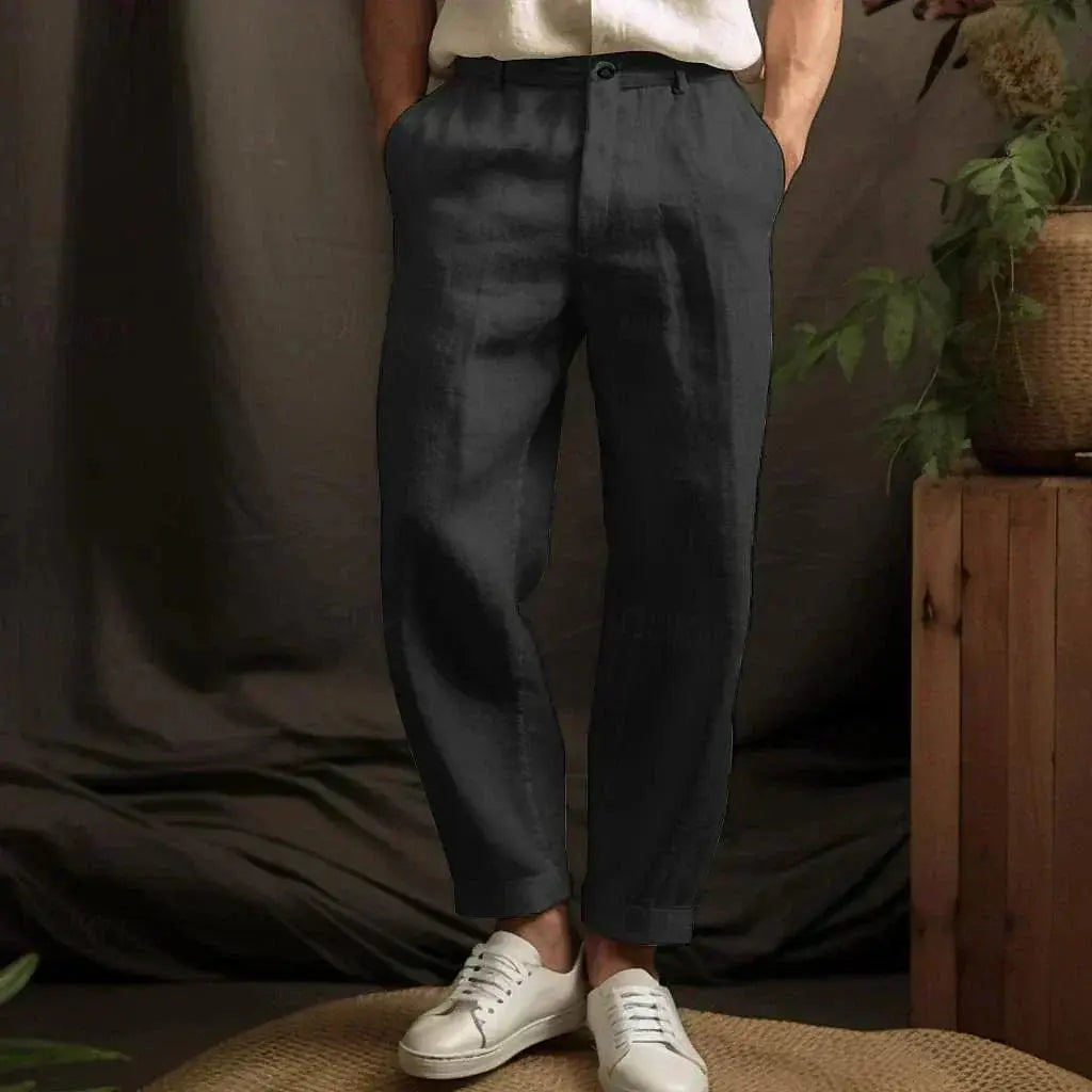 Men’s Straight-Leg Trousers – Relaxed Fit – Linen – Full Length Black