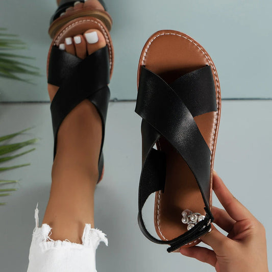 Premium Leather Buckle Sandals for Women - StyleStride Black