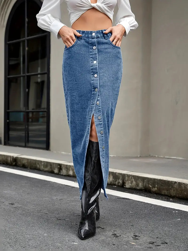 Women's Denim Midi Skirt High Waist Button-Down - DenimChic