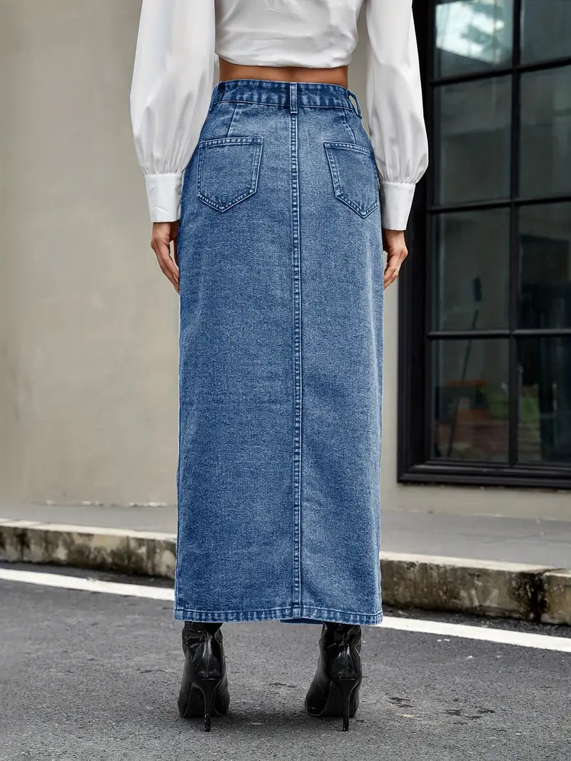 Women's Denim Midi Skirt High Waist Button-Down - DenimChic