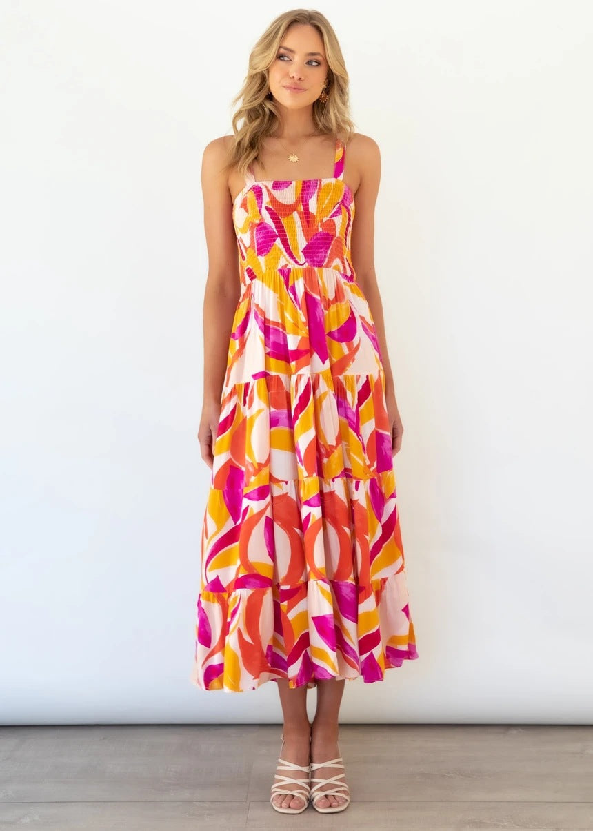 Lightweight Strappy A-Line Midi Dress - SummerBreeze Multicolor