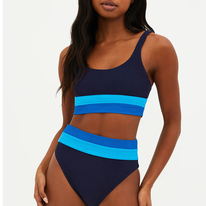 Women’s Bikini Set – Sporty Tank Top – High Waisted – Ribbed Stretch Fit – Moderate Coverage Navy Blue