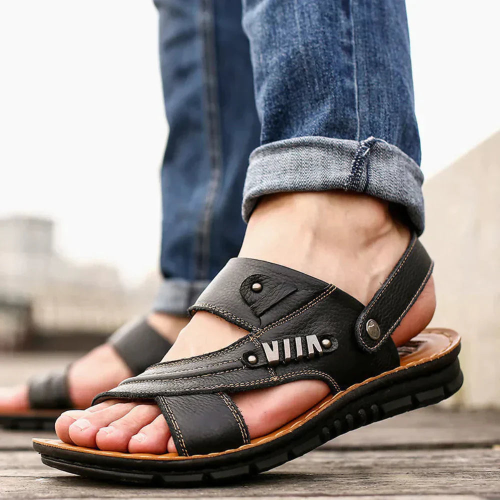 Men’s Leather Sandals – Open-Toe – Cushioned Sole – Adjustable Straps – Casual Wear Black