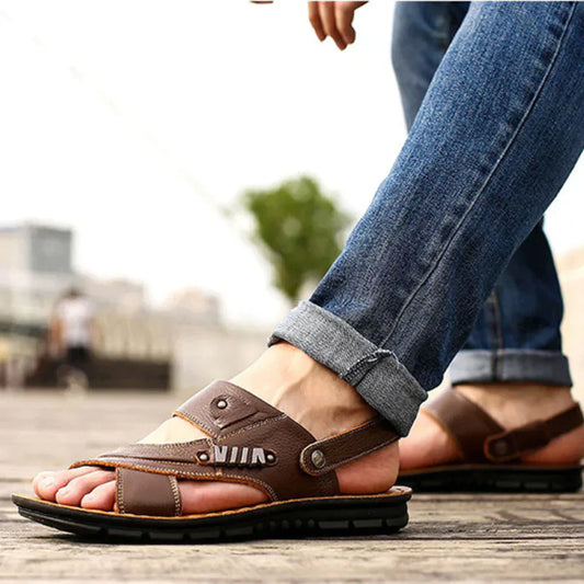 Men’s Leather Sandals – Open-Toe – Cushioned Sole – Adjustable Straps – Casual Wear Brown