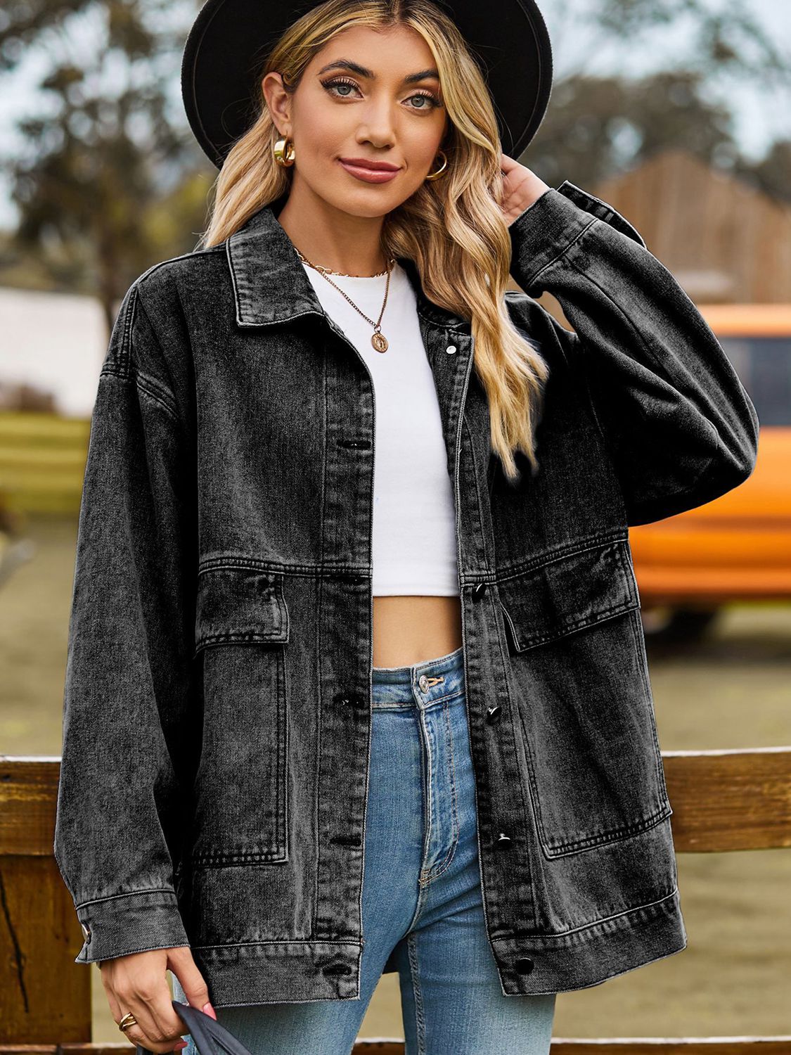 Women's Oversized Denim Jacket with Pockets - UrbanEdge Black