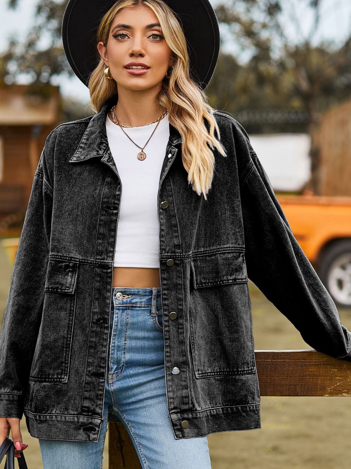 Women's Oversized Denim Jacket with Pockets - UrbanEdge